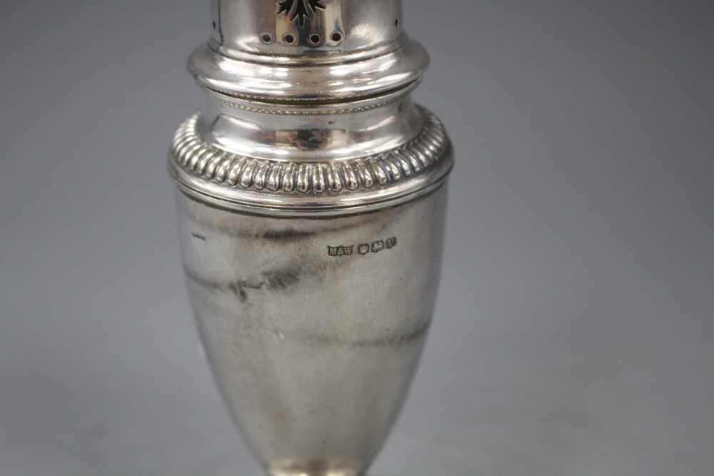 A George VI silver sugar caster by Mappin & Webb, Sheffield, 1938, 18.6cm, 5 oz.